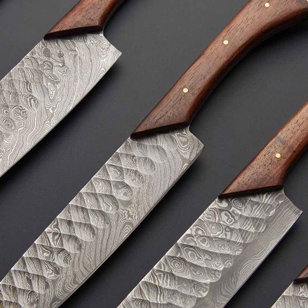 Premium Custom Handmade Damascus Kitchen Knives Set – Rosewood Handles & Leather Roll Kit