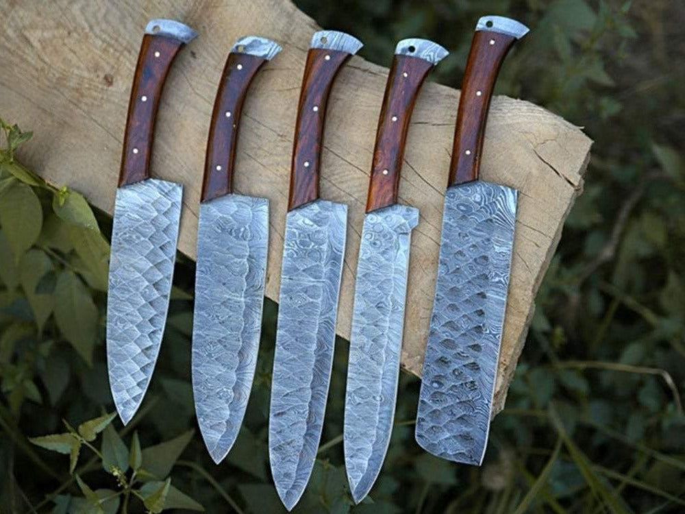 Premium Custom Handmade Forged Damascus Steel Kitchen Chef Knife Set – Rosewood Handles & Leather Roll Kit