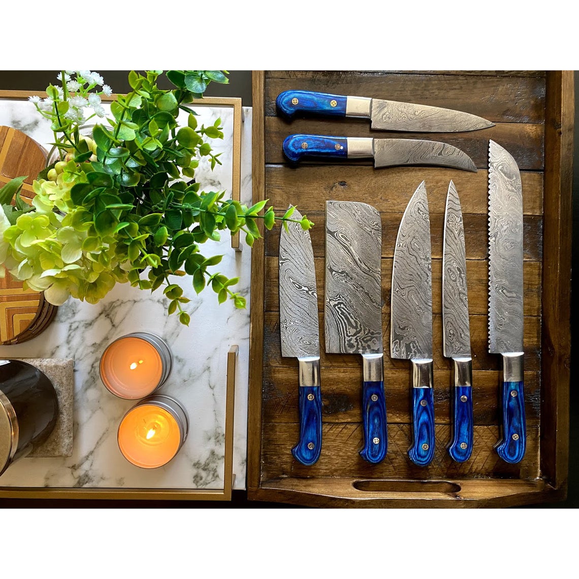 Custom Handmade Damascus Steel Chef Knife – 13” with Pakka Wood Handle, Steel Bolster & Leather Roll | Best Home Knife Set Essential