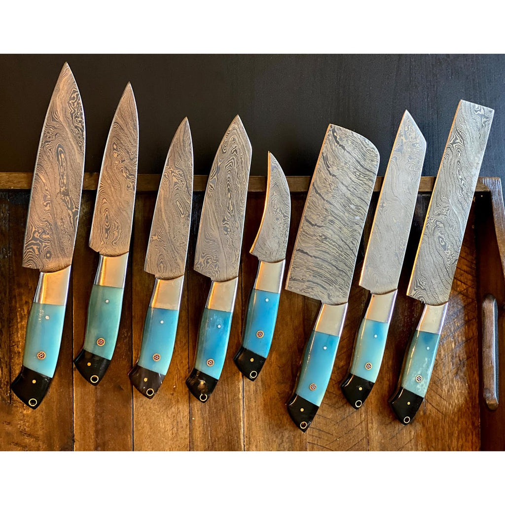 Custom Handmade Damascus Kitchen Knife – 13” with Colored Bone or Resin Handle, Steel Bolster & Leather Roll Kit
