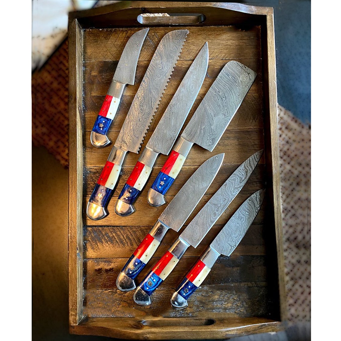 Custom Handmade Damascus Chef Knife – 13” Bone & Exotic Wood Handle with Steel Bolster & Leather Roll | Best Home Knife Set