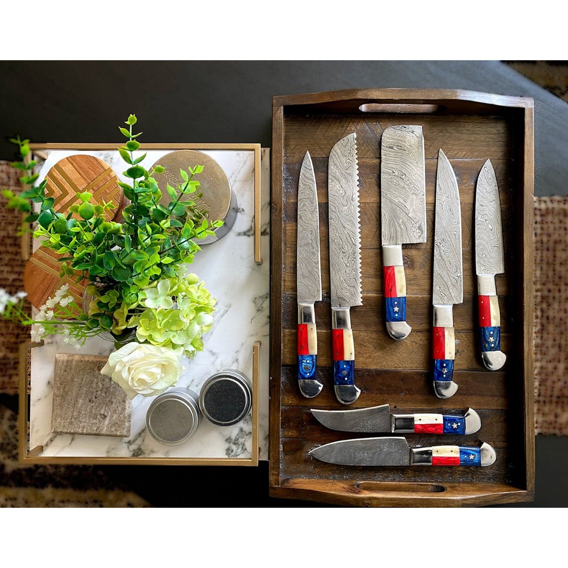 Custom Handmade Damascus Chef Knife – 13” Bone & Exotic Wood Handle with Steel Bolster & Leather Roll | Best Home Knife Set
