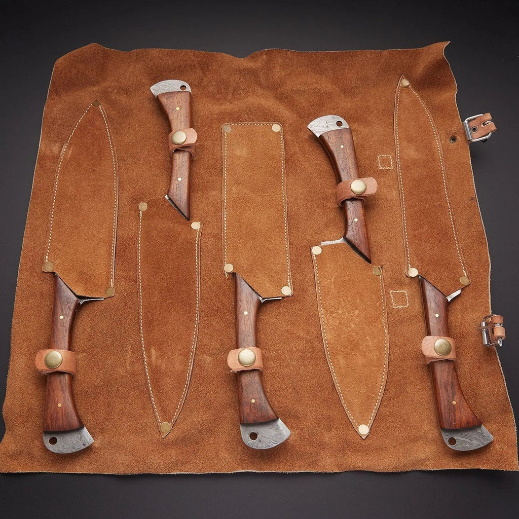 Premium Custom Handmade Damascus Kitchen Knives Set – Rosewood Handles & Leather Roll Kit
