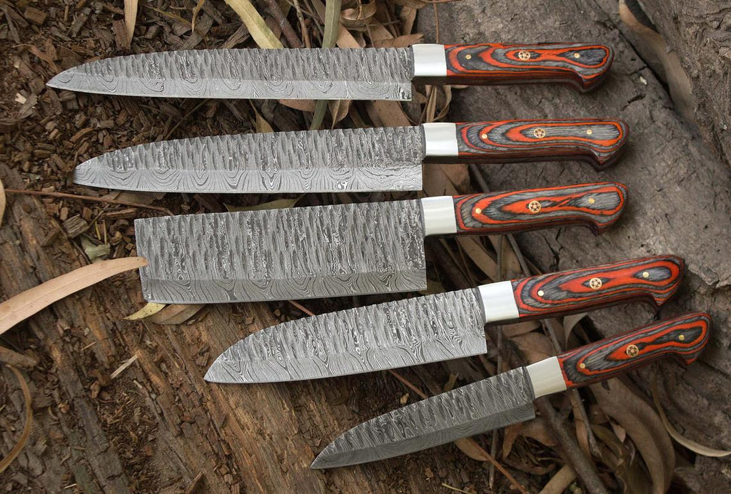 Custom Handmade Damascus Kitchen Knives Set – Exotic Wood Handles with Steel Bolsters and Leather Roll Kit
