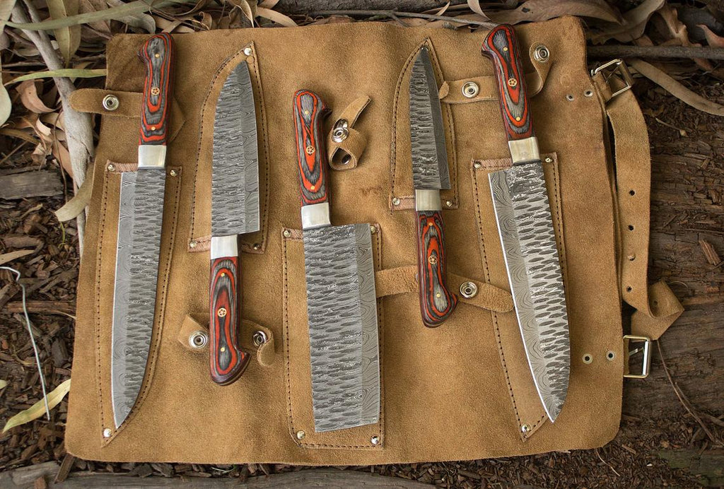 Custom Handmade Damascus Kitchen Knives Set – Exotic Wood Handles with Steel Bolsters and Leather Roll Kit