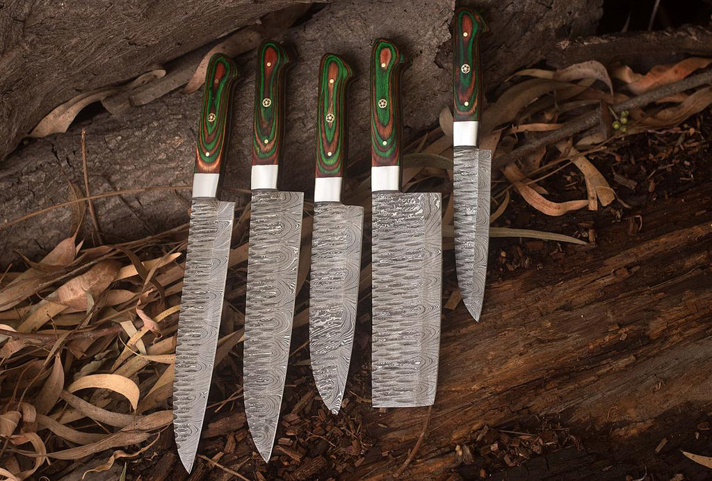 Custom Handmade Damascus Kitchen Knives Set - 10.5 to 13 Inch Blades with Exotic Wood Handles