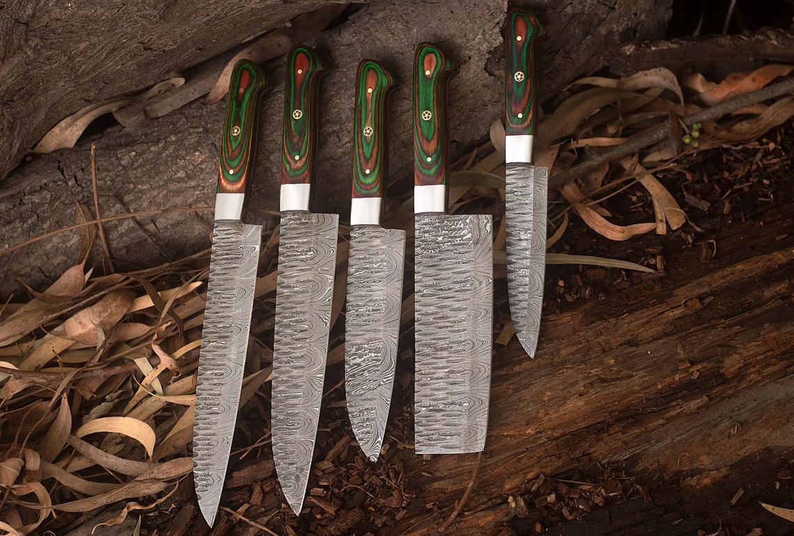 Custom Handmade Damascus Kitchen Knives Set - 10.5 to 13 Inch Blades with Exotic Wood Handles