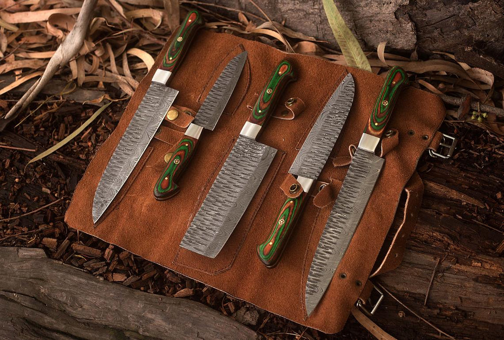 Custom Handmade Damascus Kitchen Knives Set - 10.5 to 13 Inch Blades with Exotic Wood Handles