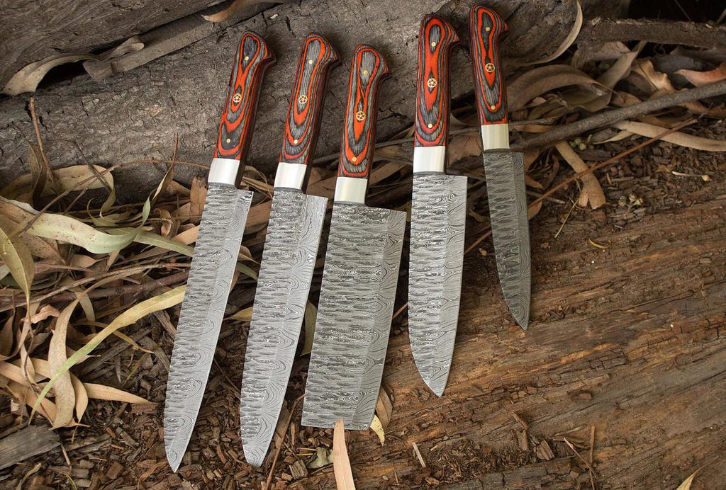 Custom Handmade Damascus Kitchen Knives Set – Exotic Wood Handles with Steel Bolsters and Leather Roll Kit