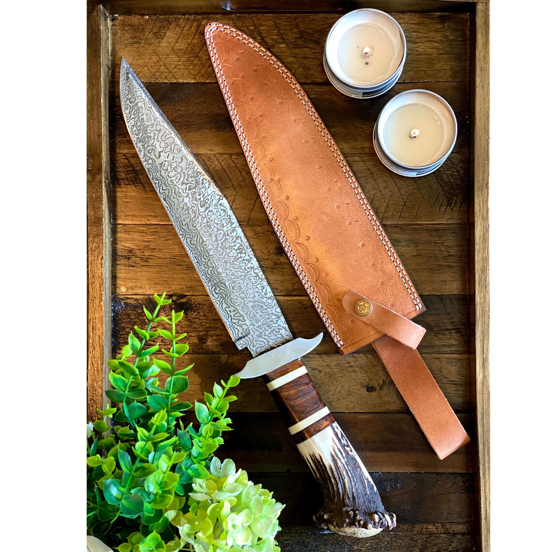 Custom Handmade Damascus Steel Bowie Knife – 15” Overall Length with Stag Crown Handle, Rosewood and Steel Guard, Includes Leather Sheath