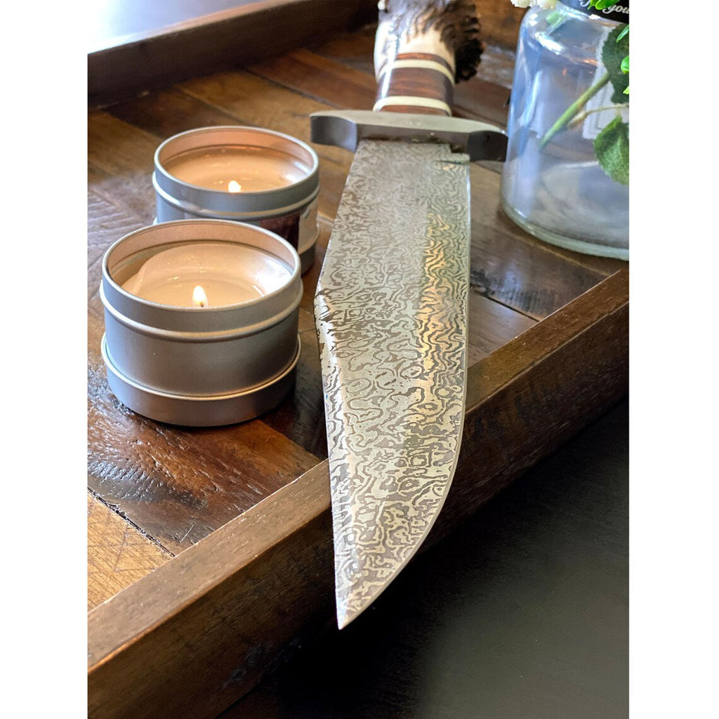 Custom Handmade Damascus Steel Bowie Knife – 15” Overall Length with Stag Crown Handle, Rosewood and Steel Guard, Includes Leather Sheath