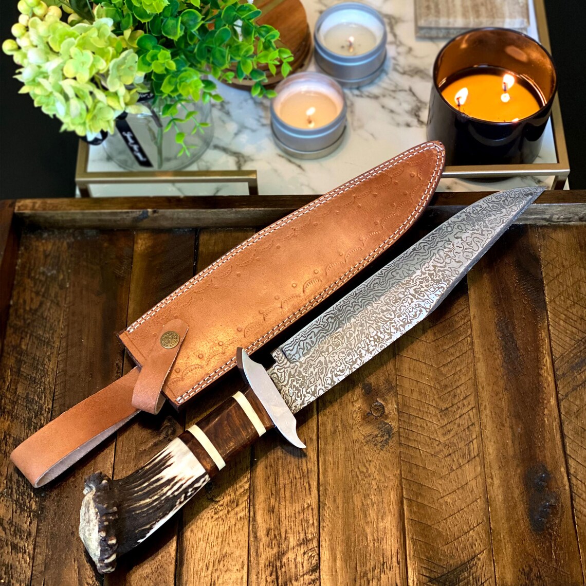 Custom Handmade Damascus Steel Bowie Knife – 15” Overall Length with Stag Crown Handle, Rosewood and Steel Guard, Includes Leather Sheath