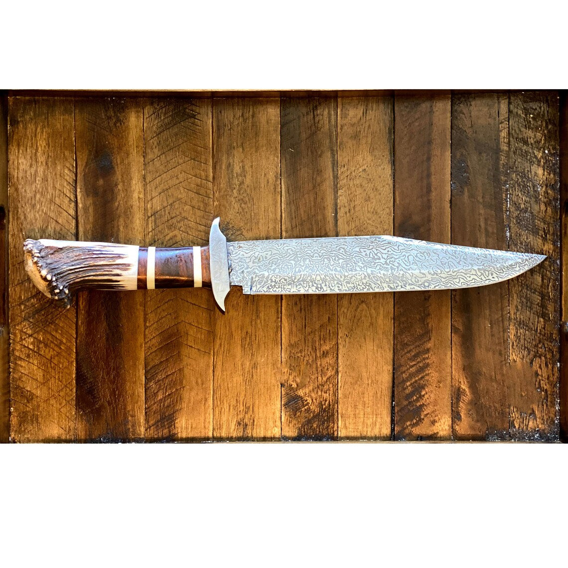 Custom Handmade Damascus Steel Bowie Knife – 15” Overall Length with Stag Crown Handle, Rosewood and Steel Guard, Includes Leather Sheath