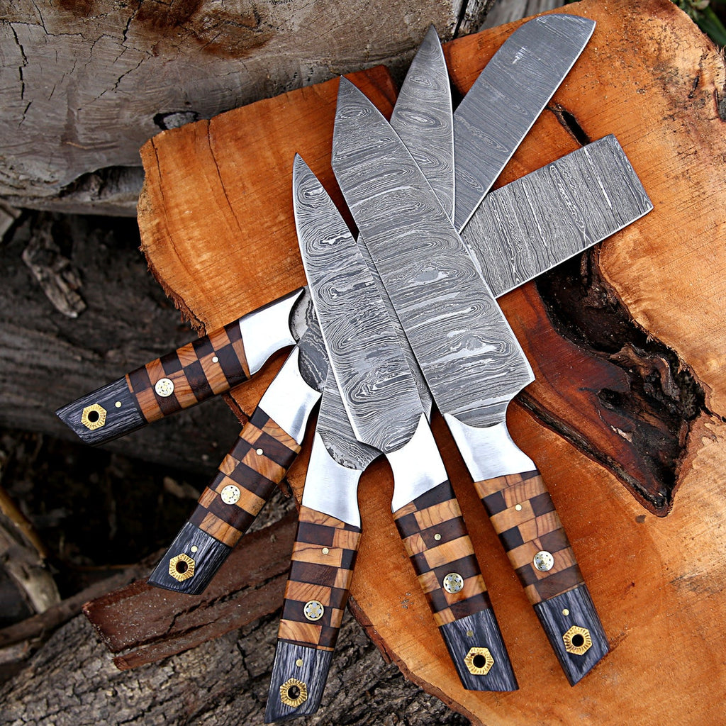 Elite Custom Handmade Forged Damascus Steel Chef Knife Set – Rosewood & Olive Wood Handles with Steel Bolster and Leather Roll Kit