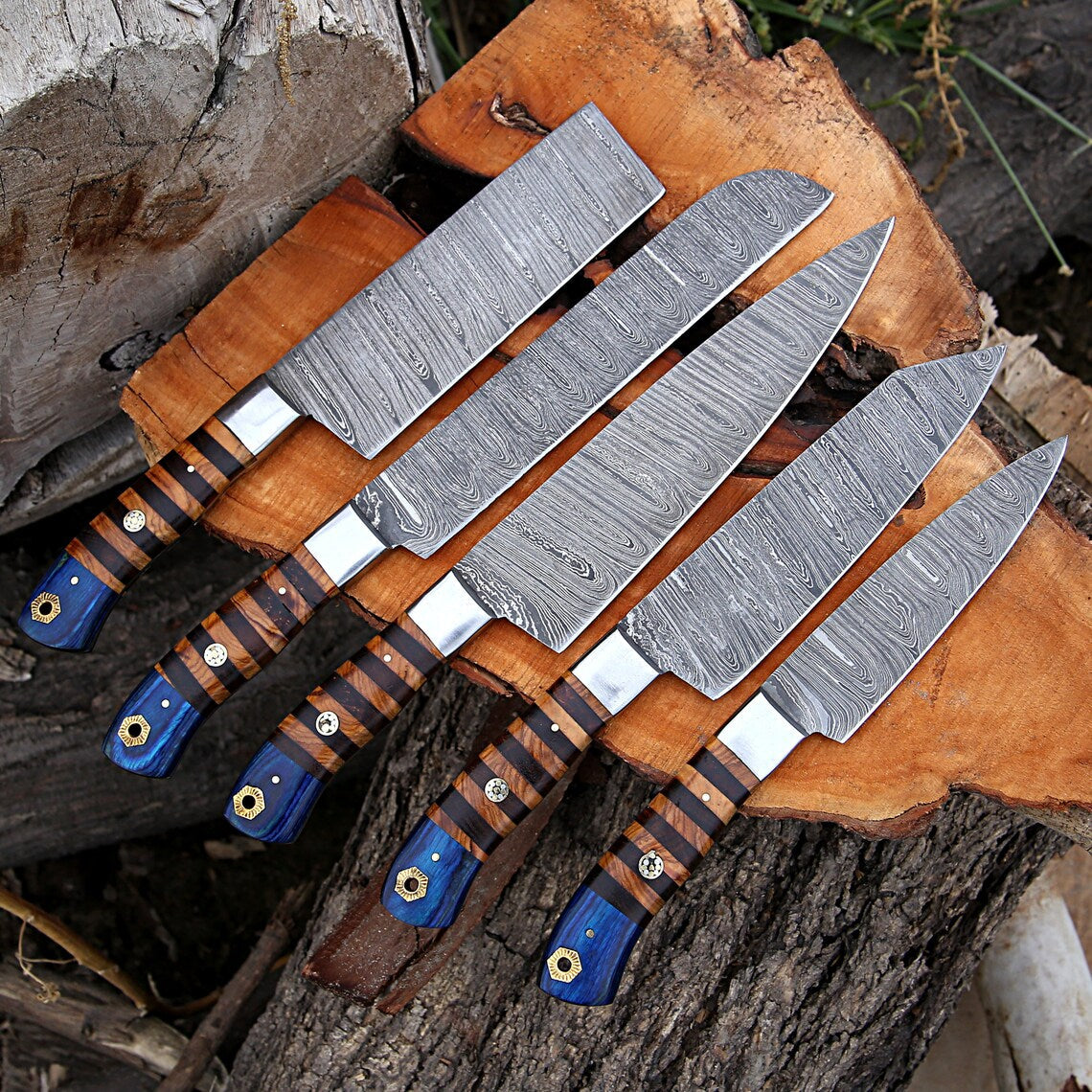 Custom Handmade Forged Damascus Steel Kitchen Chef Set – Rosewood & Olive Wood Handles, Leather Roll Kit