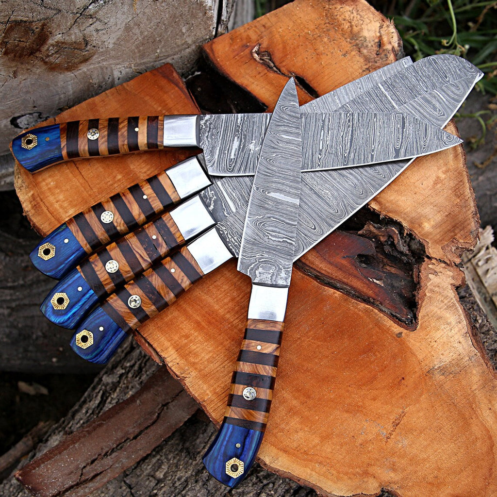 Custom Handmade Forged Damascus Steel Kitchen Chef Set – Rosewood & Olive Wood Handles, Leather Roll Kit