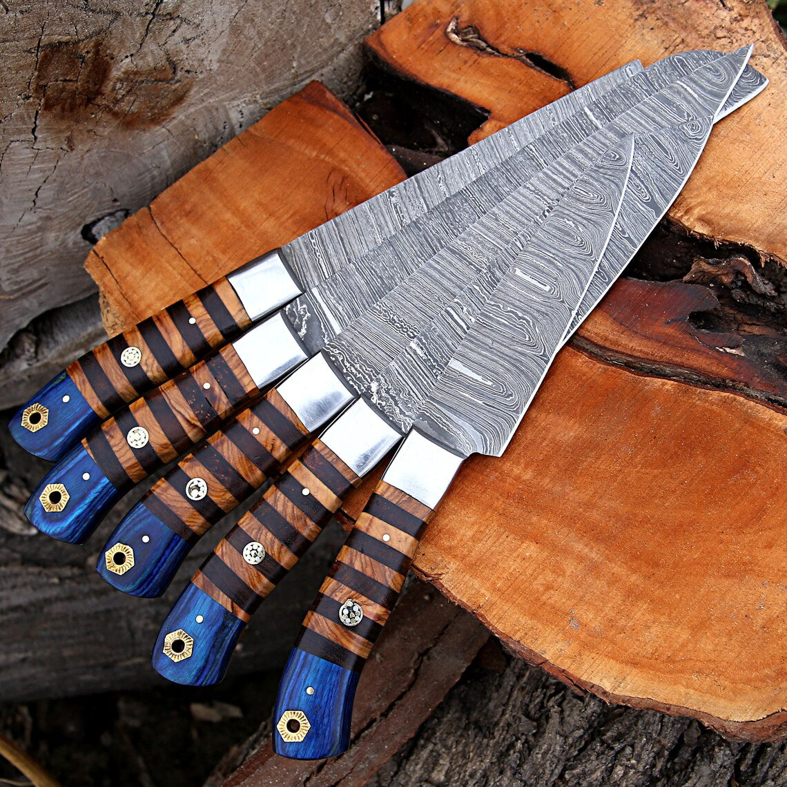 Custom Handmade Forged Damascus Steel Kitchen Chef Set – Rosewood & Olive Wood Handles, Leather Roll Kit