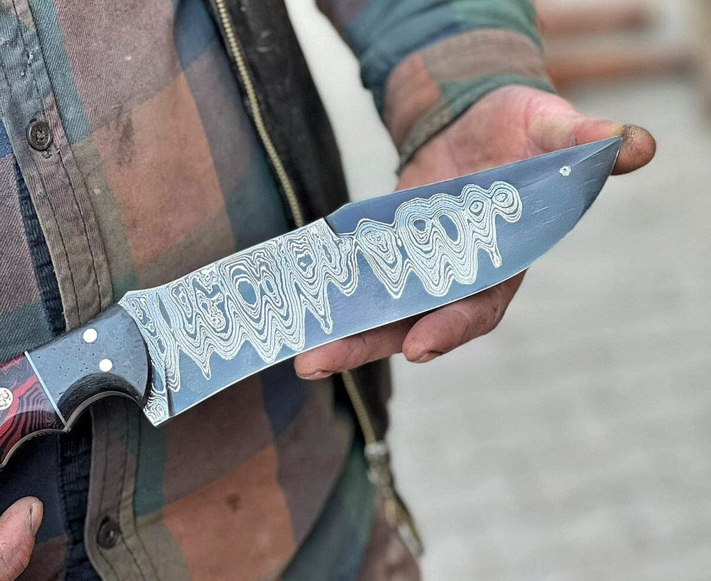 Unique Custom Handmade Damascus Steel Hunting Knife - 10" Resin Handle, Artisan Leather Sheath