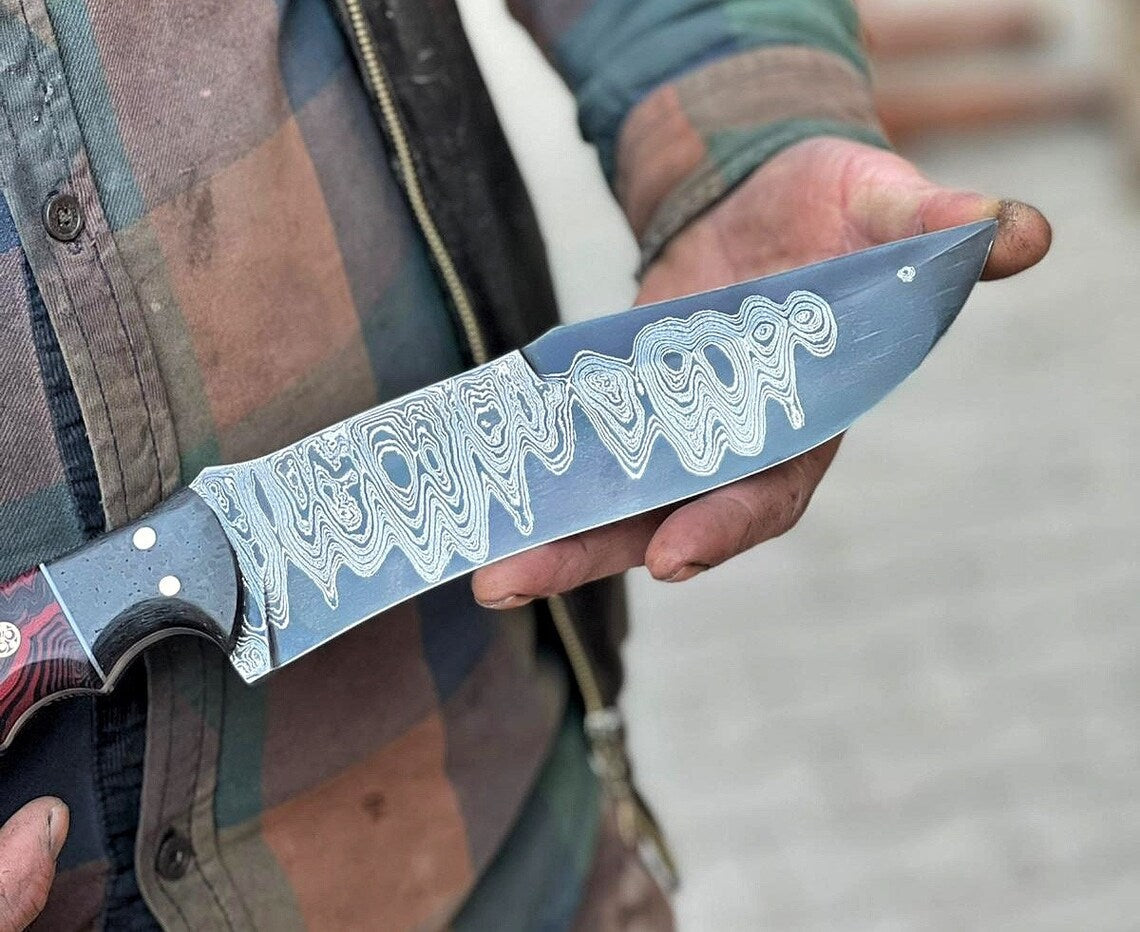 Unique Custom Handmade Damascus Steel Hunting Knife - 10" Resin Handle, Artisan Leather Sheath