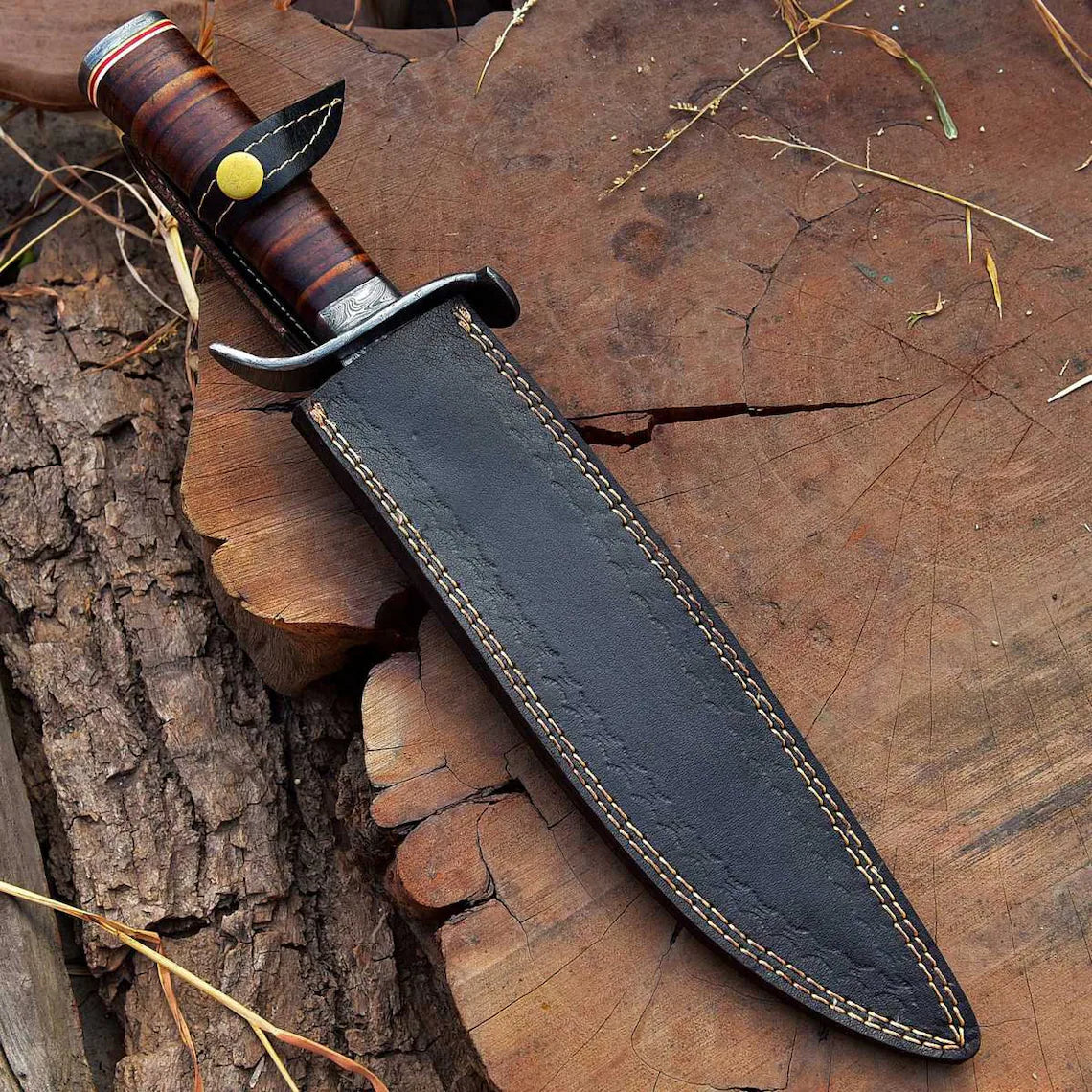 Exquisite Custom Handmade Damascus Steel Hunting Bowie Knife - 15" Blade, Damascus Steel Guard, Premium Leather Handle & Sheath