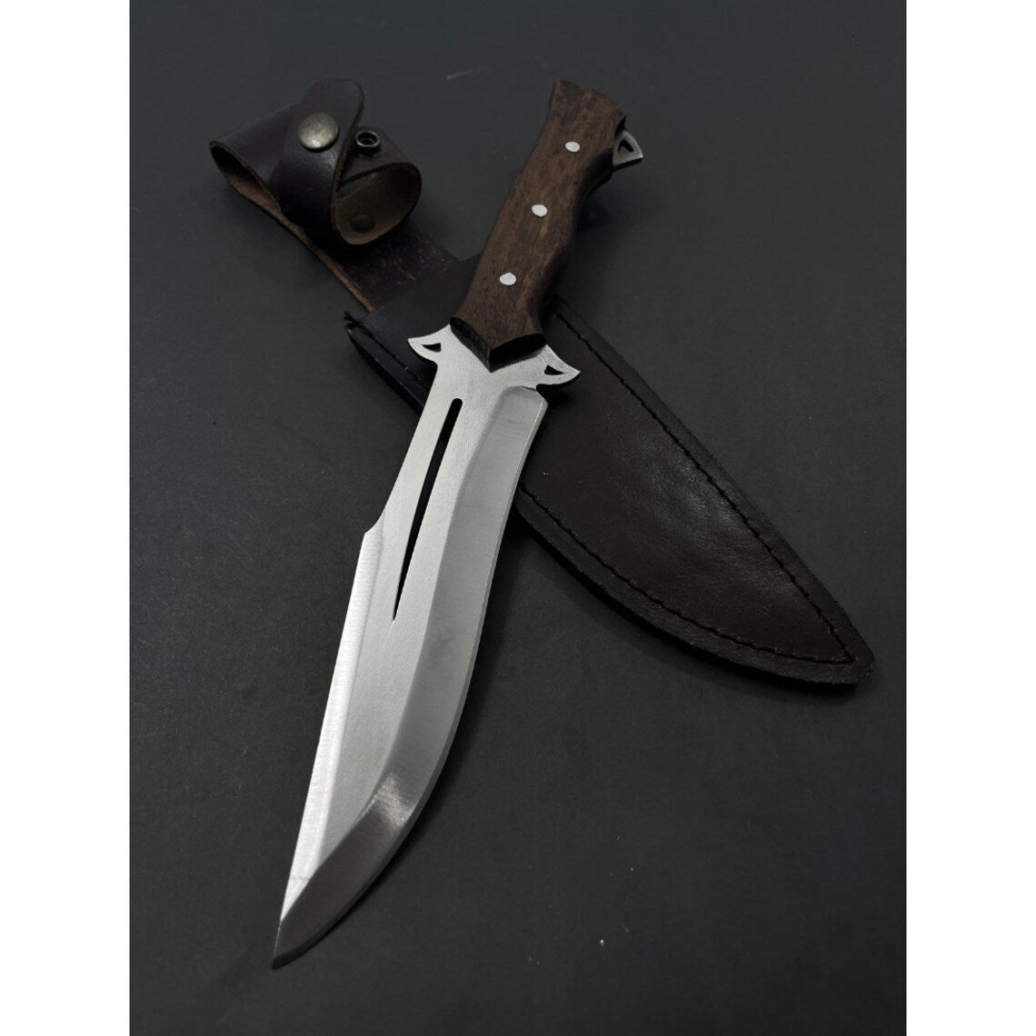 J2 Steel Hunting Bowie Knife with Rosewood Handle & Leather Sheath – Premium Quality Outdoor Knife