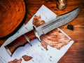 Custom Handmade Damascus Bowie Knife - Rosewood Handle, Damascus Steel Guard, 13" with Leather Sheath