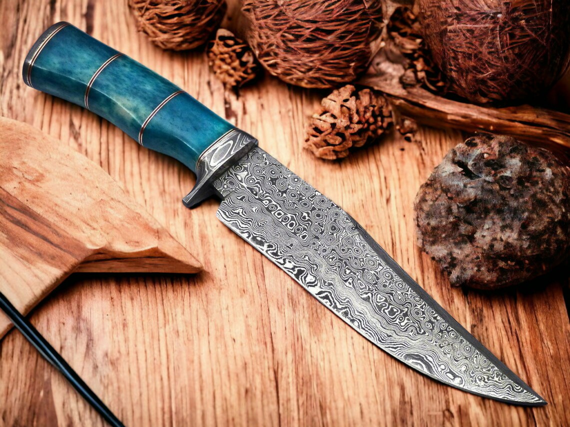 Exquisite Custom Handmade Damascus Steel Bowie Knife – 15” with Camel Bone Handle, Damascus Steel Guard & Leather Sheath