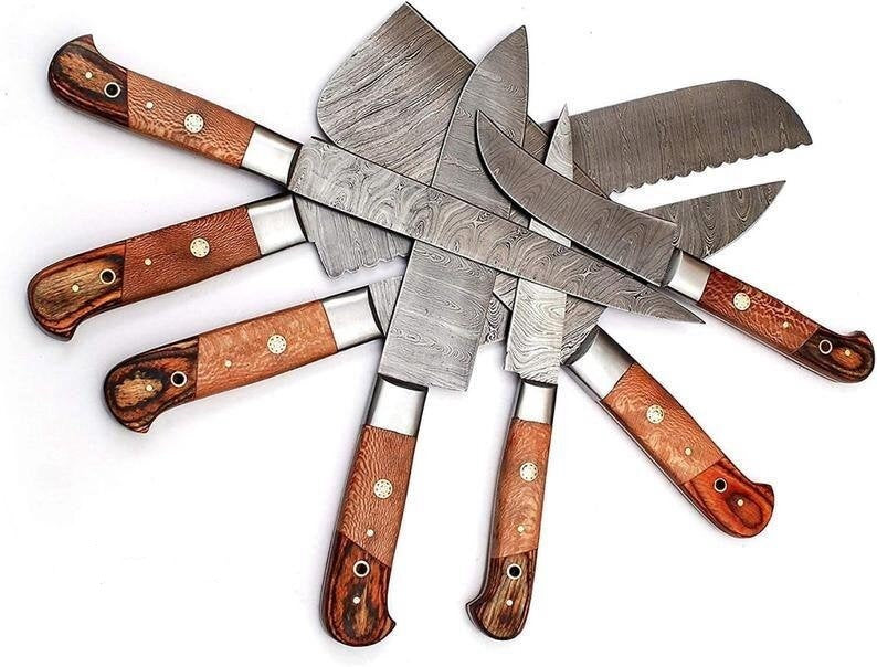 Custom Handmade Damascus Steel Knives Set – 13” with Pakka Wood Handle, Steel Bolster & Leather Roll