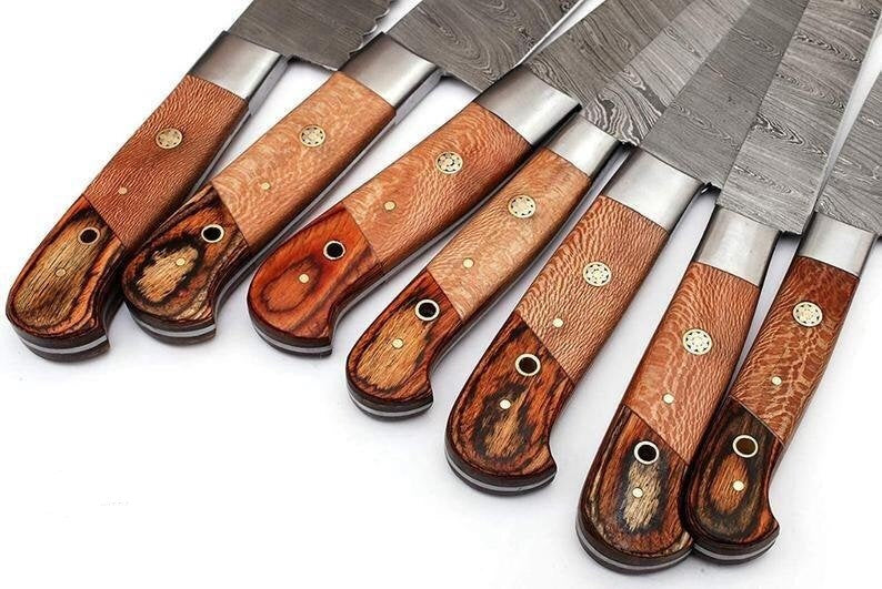 Custom Handmade Damascus Steel Knives Set – 13” with Pakka Wood Handle, Steel Bolster & Leather Roll