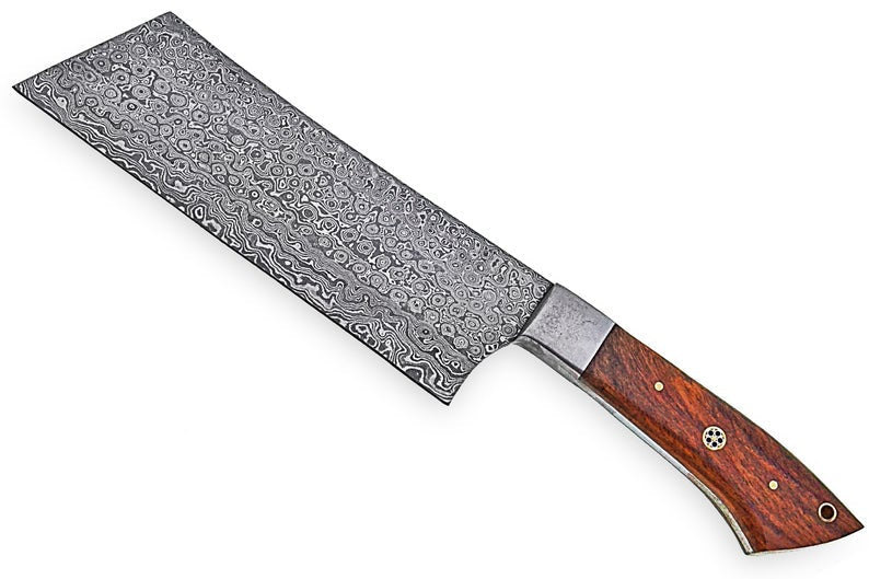 Handmade Damascus Cleaver Knife – 12" Rosewood Handle with Leather Sheath