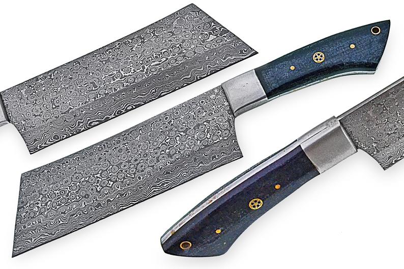 Custom Handmade Damascus Cleaver Knife – 10” Micarta Handle & Leather Sheath