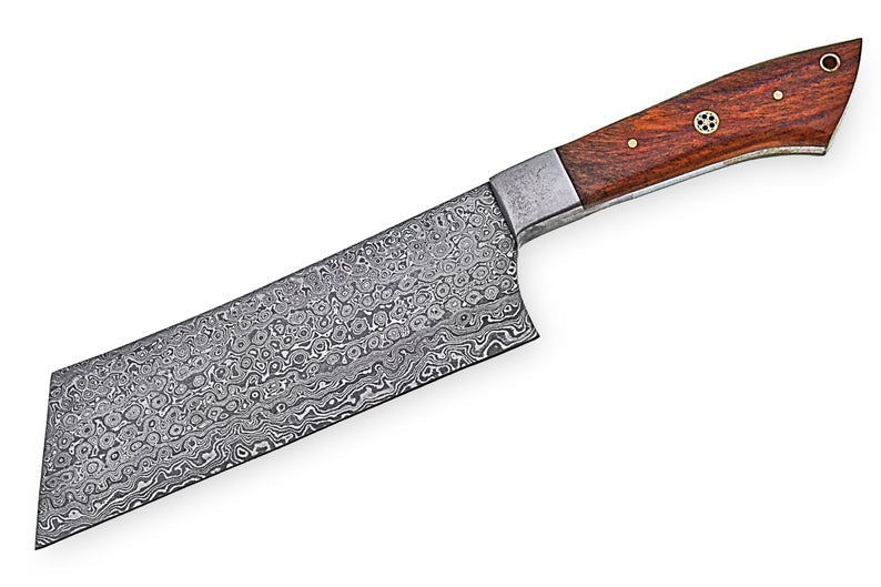 Handmade Damascus Cleaver Knife – 12" Rosewood Handle with Leather Sheath