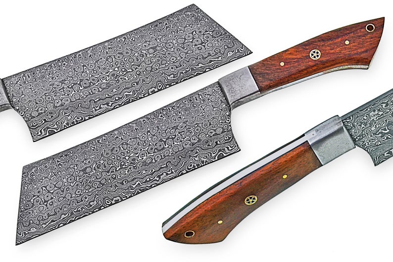 Handmade Damascus Cleaver Knife – 12" Rosewood Handle with Leather Sheath