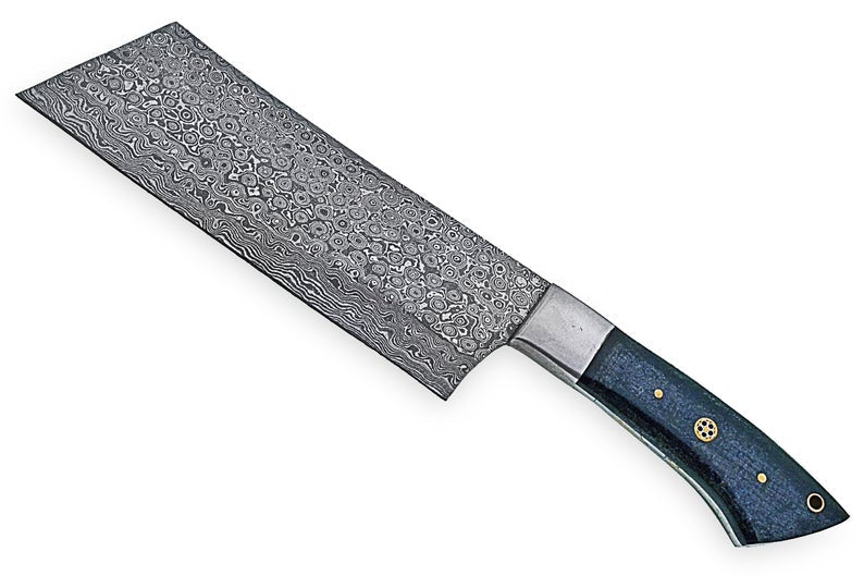Custom Handmade Damascus Cleaver Knife – 10” Micarta Handle & Leather Sheath