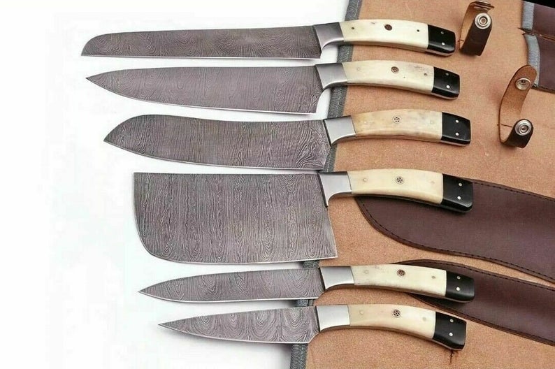 Custom Handmade Damascus Steel Japanese Knife – 13” with Camel Bone or Resin Handle, Steel Bolster & Leather Roll