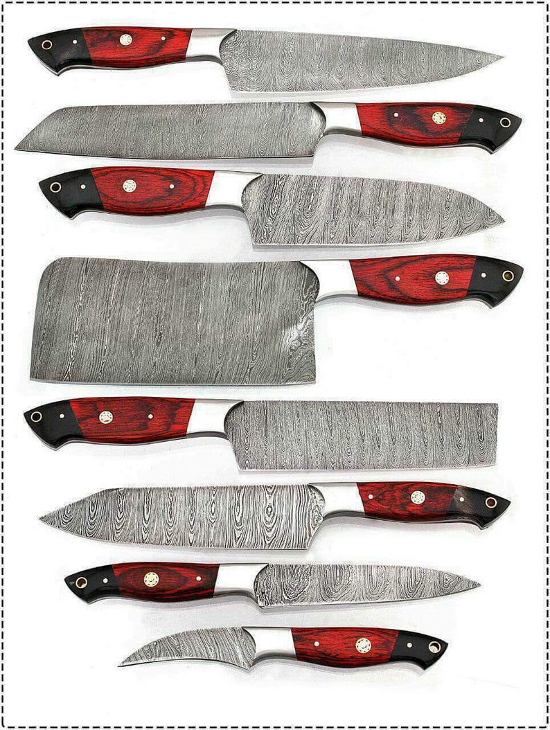Custom Handmade Chef Knife Damascus – 13” with Resin or Pakka Wood Handle, Steel Bolster & Leather Roll