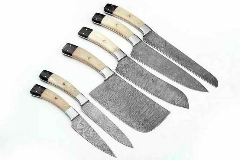 Custom Handmade Damascus Steel Japanese Knife – 13” with Camel Bone or Resin Handle, Steel Bolster & Leather Roll
