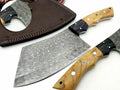 Hand-Forged Damascus Cleaver Butcher Knife – 10" Blade with Pakka or Olive Wood Handle & Leather Sheath