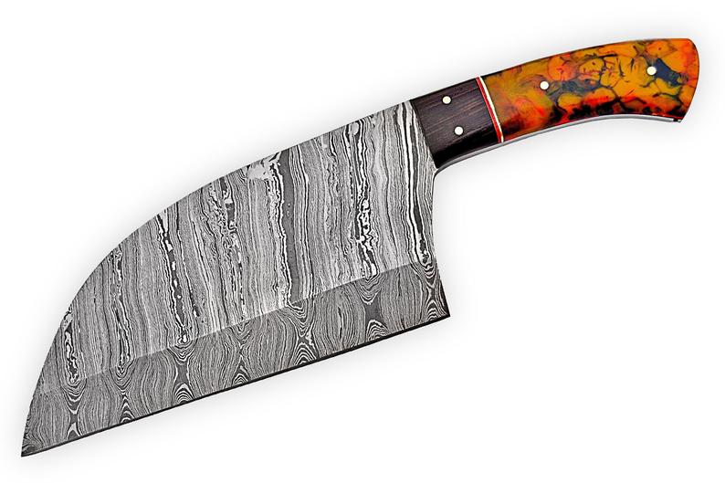 Cleaver Kitchen Knife – 10” Damascus Steel Blade with Epoxy Resin or Wangi Wood Handle + Leather Sheath