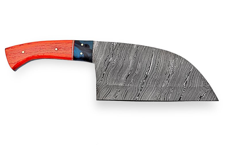 Custom Handmade Chef Knife Cleaver – 10” Damascus Steel Blade with Pakka Wood Handle & Leather Sheath