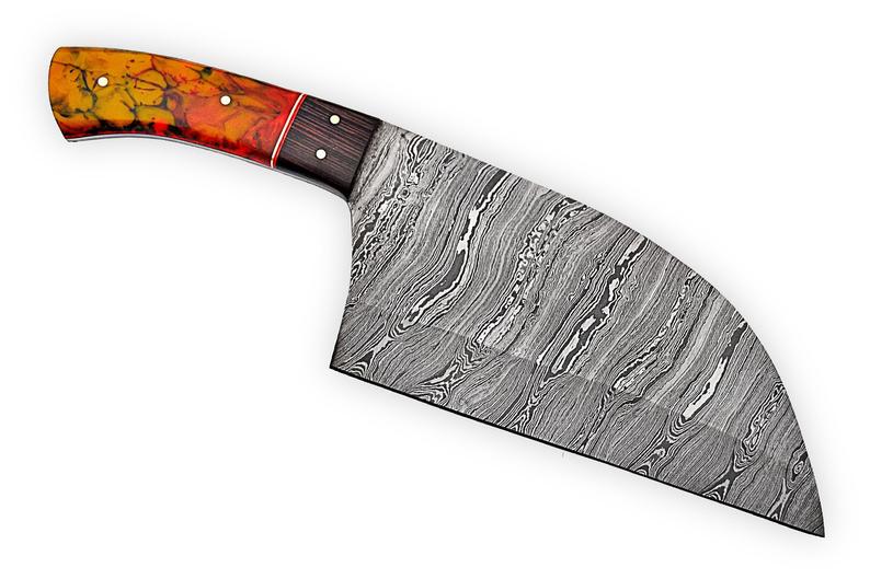 Cleaver Kitchen Knife – 10” Damascus Steel Blade with Epoxy Resin or Wangi Wood Handle + Leather Sheath