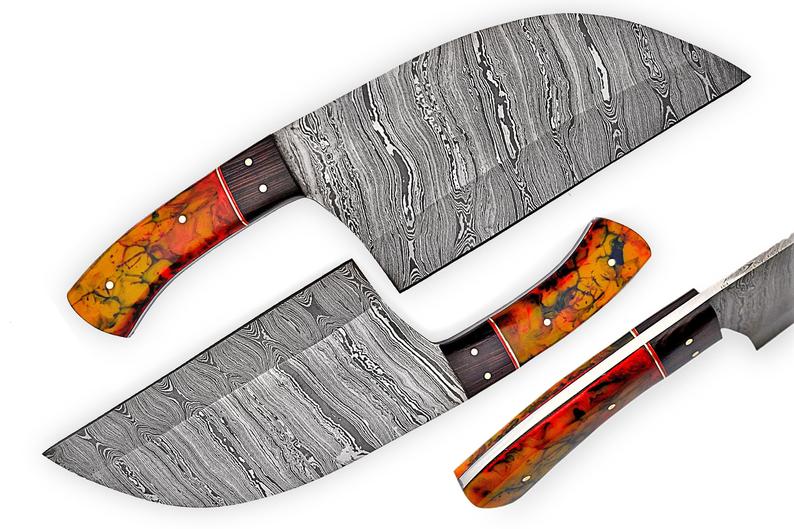Cleaver Kitchen Knife – 10” Damascus Steel Blade with Epoxy Resin or Wangi Wood Handle + Leather Sheath