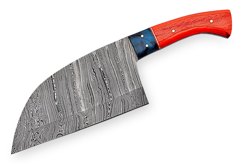 Custom Handmade Chef Knife Cleaver – 10” Damascus Steel Blade with Pakka Wood Handle & Leather Sheath