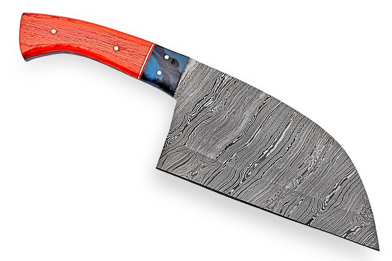 Custom Handmade Chef Knife Cleaver – 10” Damascus Steel Blade with Pakka Wood Handle & Leather Sheath