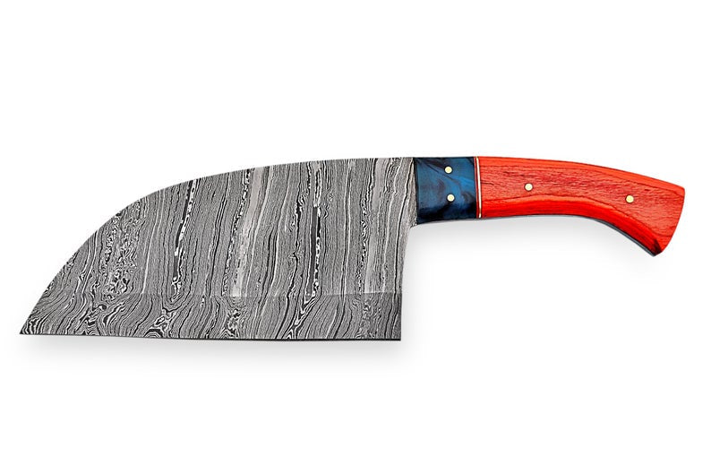 Custom Handmade Chef Knife Cleaver – 10” Damascus Steel Blade with Pakka Wood Handle & Leather Sheath