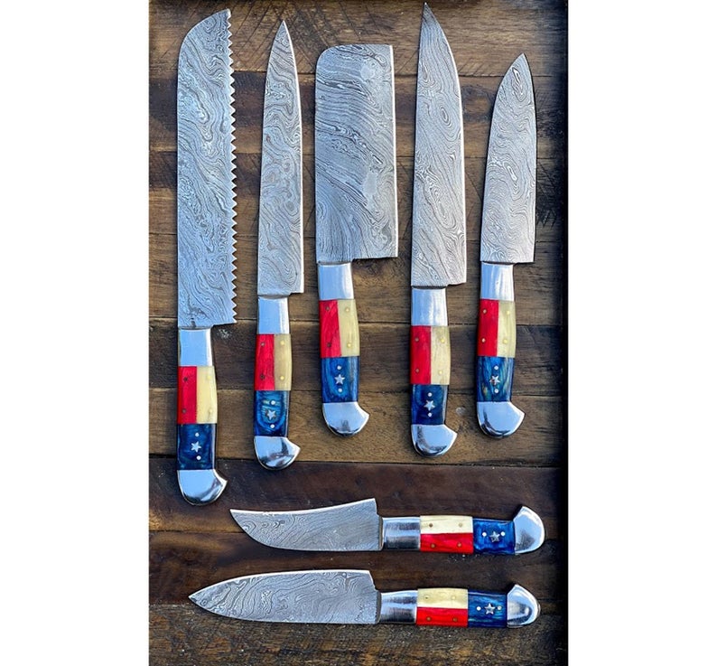 Custom Handmade Damascus Chef Knife – 13” Bone & Exotic Wood Handle with Steel Bolster & Leather Roll | Best Home Knife Set