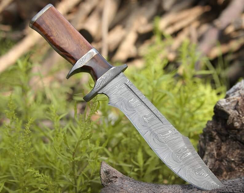 Custom Handmade Damascus Steel Bowie Knife - 13" Length, Rosewood Handle, Damascus Steel Guard, with Leather Sheath