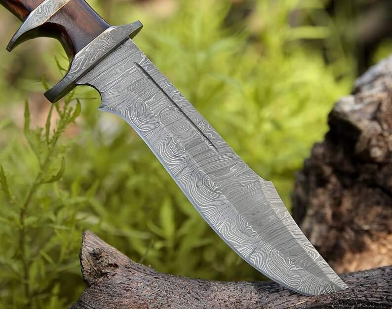 Custom Handmade Damascus Steel Bowie Knife - 13" Length, Rosewood Handle, Damascus Steel Guard, with Leather Sheath