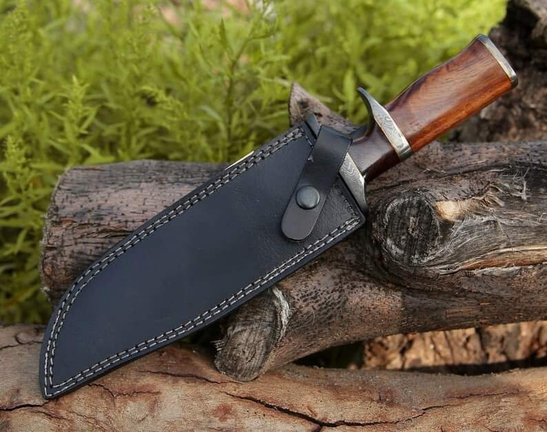 Custom Handmade Damascus Steel Bowie Knife - 13" Length, Rosewood Handle, Damascus Steel Guard, with Leather Sheath