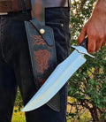 Custom Handmade Damascus Steel Bowie Knife with Leather Handle, Brass Guard, Resin Inlay, and Leather Sheath
